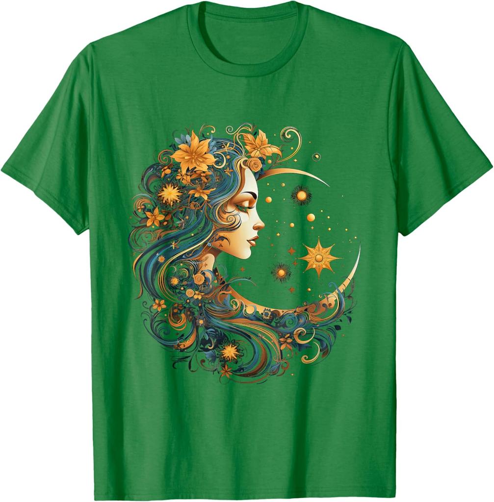 Mystic Celestial Woman Moon Flowers Graphic Print Cotton Crew Neck T-Shirt Unisex Casual Trip Wear