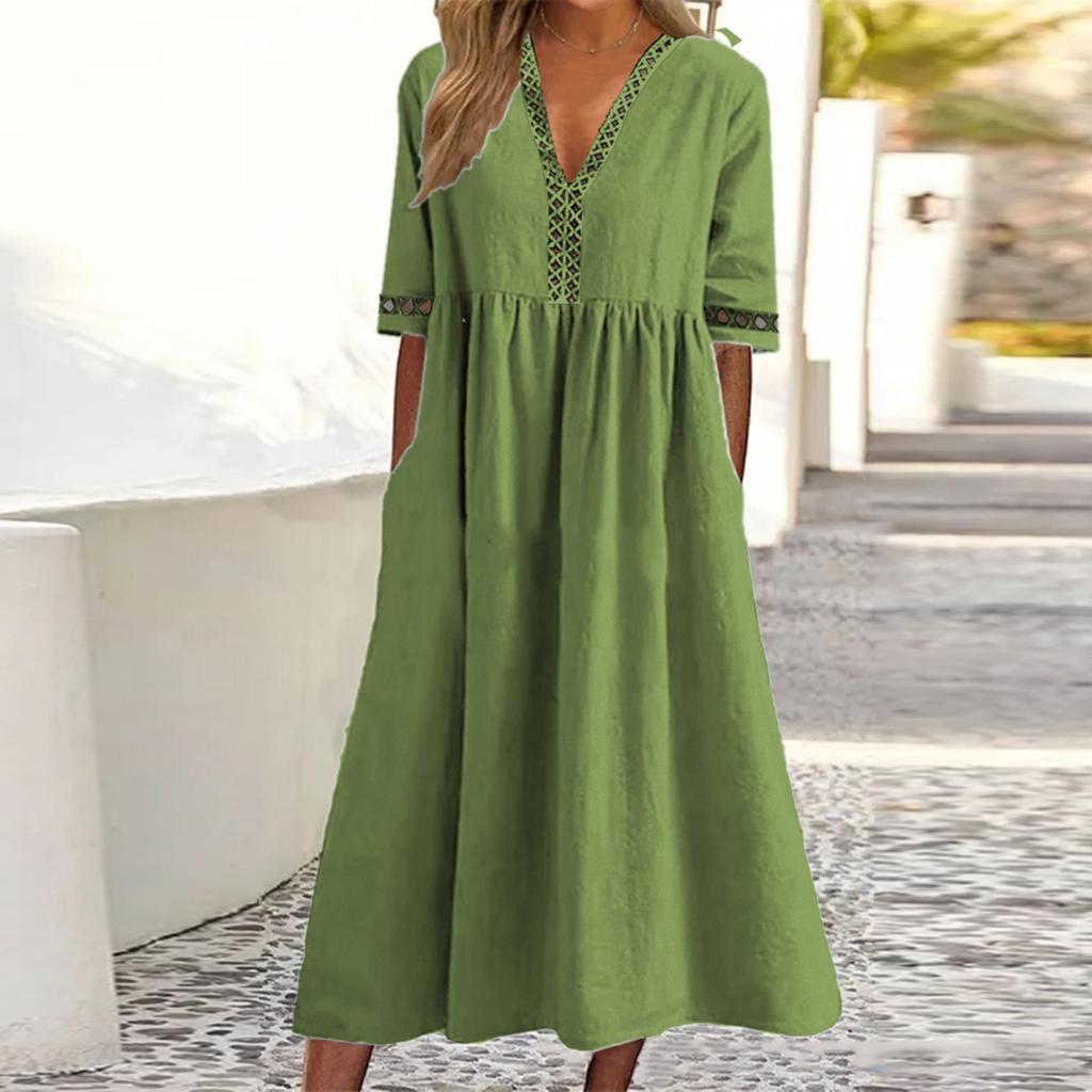 Frühlings- und Sommer-Damen-Farb-Kurzarm-Spitzen-V-Ausschnitt-Taillen-Hochkleid