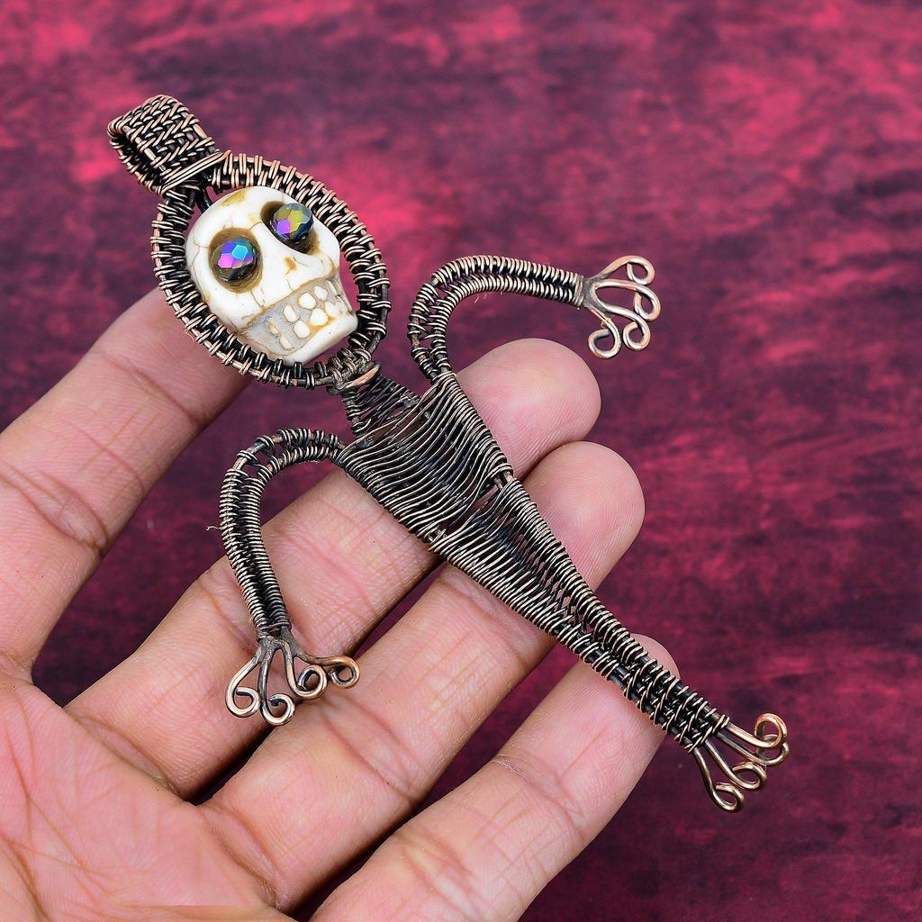 Howlite Gemstone Pendant Copper Wire Wrapped Pendant Titanium Bead Eyes & Skull Bone Face Pendant