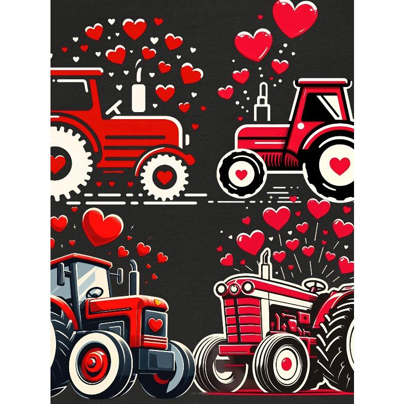 European sizes Children1pc CHICFULL Valentine'S Day TX60204 Boys' T-Shirt, Red Tractor and Hearts Print, Casual Crew Neck, Polyester Knit Fabric