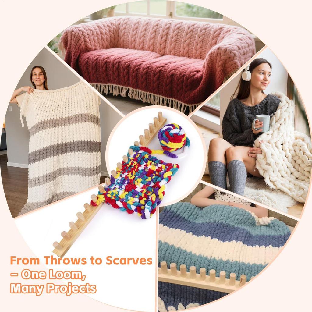 Wooden Loom Frame Adjustable Size Hand Knitting Kit Beginner-Friendly Yarn Craft for DIY Throw Blankets Chunky Knit Blanket Kit