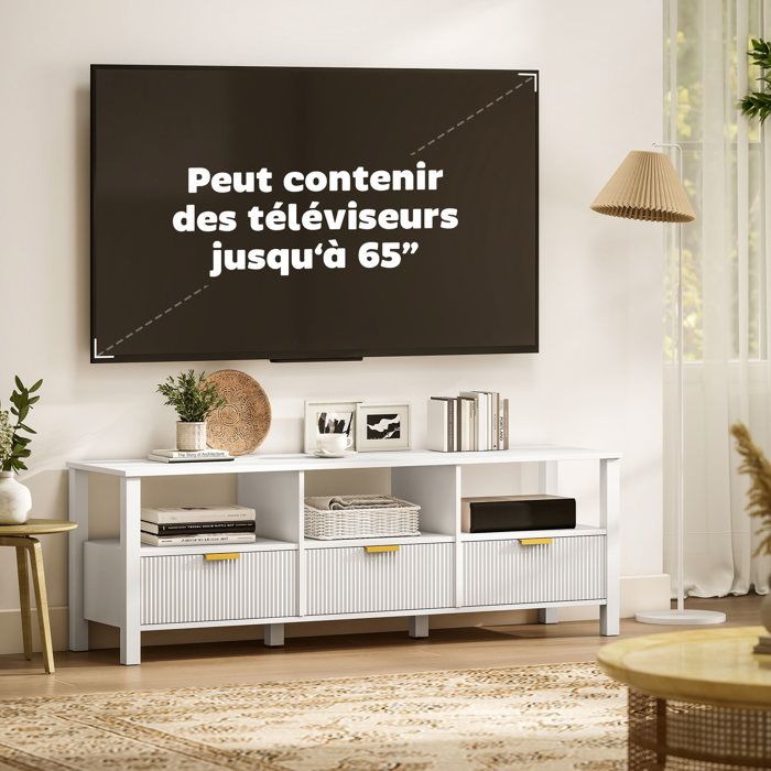 Meuble TV - HOMCOM - 65 pouces - 3 tiroirs et 3 étagères ouvertes - panneau de particules et MDF - 152x39,5x50cm - blanc