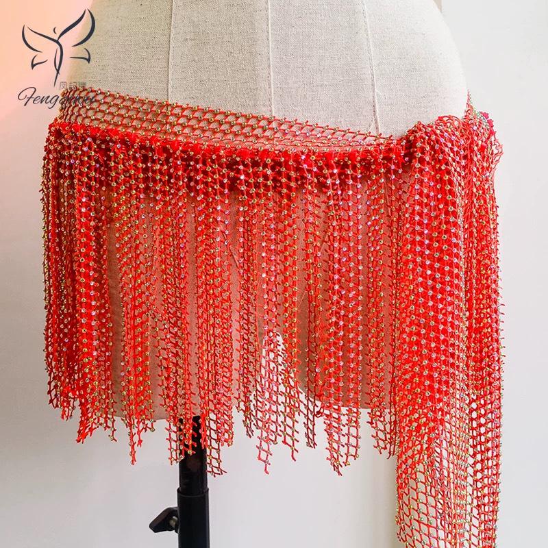 Zhao Hao Rhinestone Tassel Belly Dance Waist Chain Scarf – Multi-layered, Hot-fix Dancewear for Group Performances