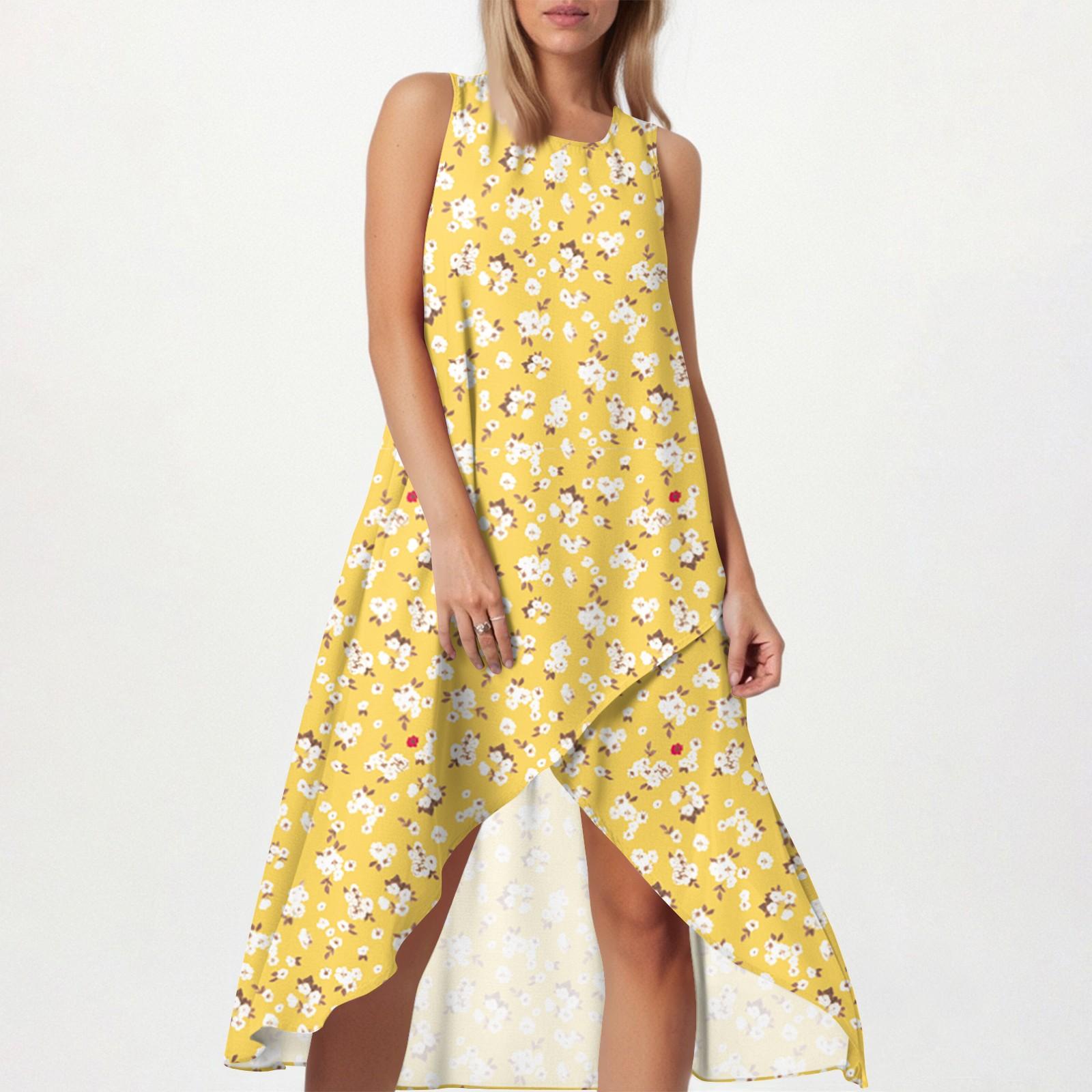 

Женское свободное повседневное модное платье с квадратным круглым вырезом, однотонное, пляжная юбка с разрезом сбоку, без рукавов, юбка из хлопка и льна XL жёлтый