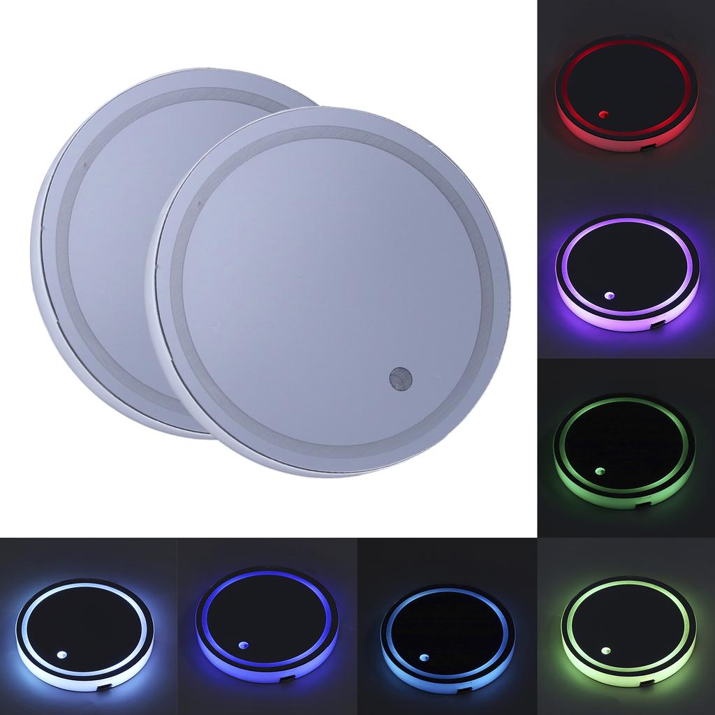 2 Stück Auto LED Atmosphärenlicht Getränkehaltermatte 7 Farben 3 Modi USB-Aufladung IP67 Wasserdicht Rutschfest Universal