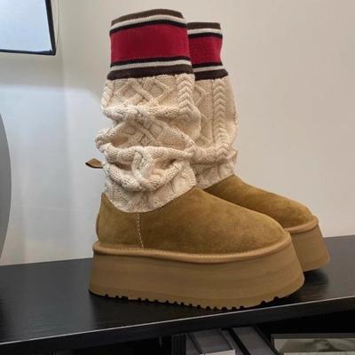 Sales Fur One Snow Boots High Tube Wool Tube Winter Women's  New High Thick Bottom Long Tube Platform Shoes