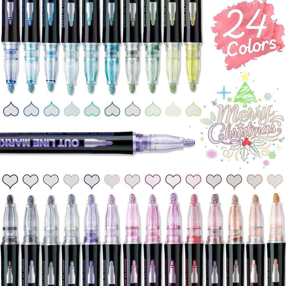 Dreamy Sparkle Dual-Line Contour Pen, 12 Colors Metallic Glitter Markers, 2mm Chisel Tip – Compatible with DIY Art, Scrapbooking, Cards