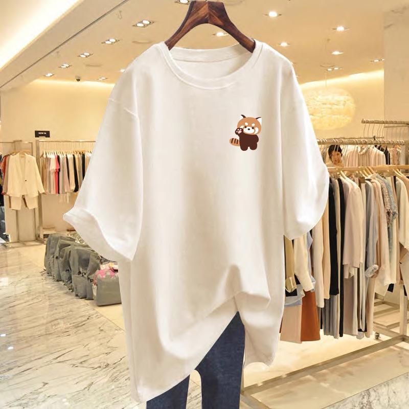 2025 Women's Summer Loose Fit Letter Print Round Neck Mid-Length T-Shirt