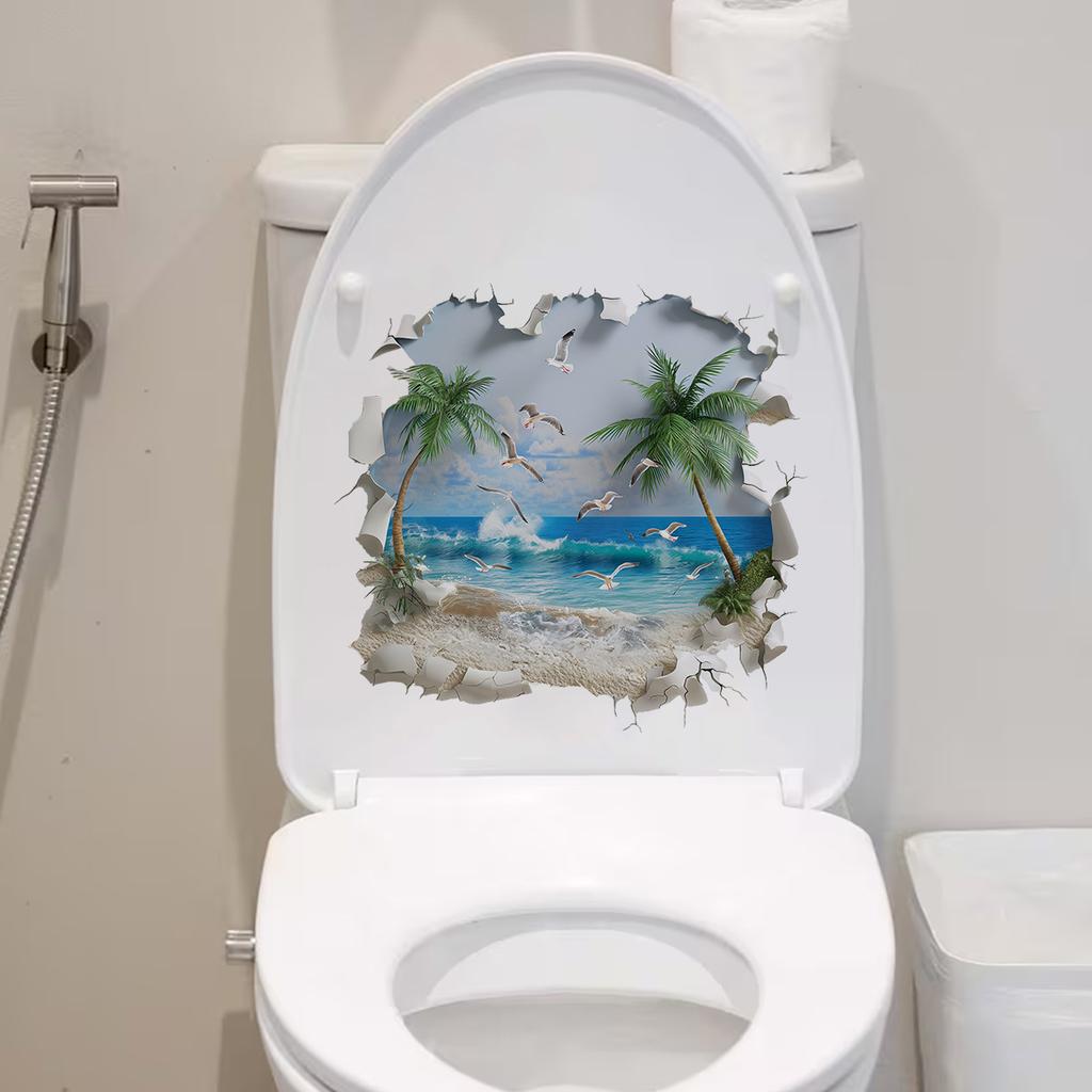 Broken Wall Beach Coconut Tree Toilet Cover - Bathroom Toilet Lid Decorative Sticker