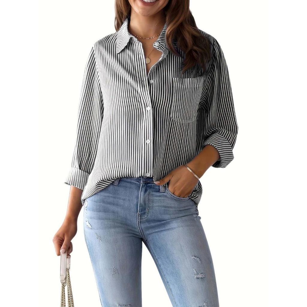 Cardigan a Righe Stampato, Camicia Moda Casual, Camicia da Donna a Righe Morbida, Camicia da Lavoro, Camicia Casual a Maniche Lunghe