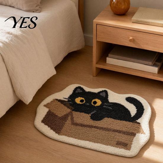 Anti-slip Floor Mat Plush Bathroom Rug, Non-Slip Absorbent Fluffy Mat, Cute Sturdy Black Cat Door for Entrance Bedroom Living Room Wear-resistant