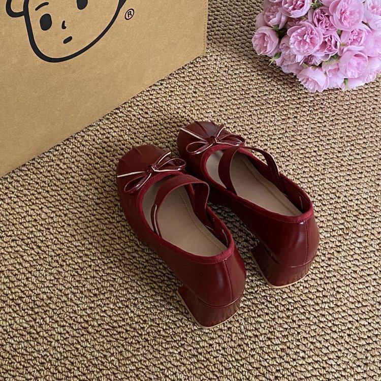 French ballet single shoes women's sweet bow red silk small leather shoes round head high heel Mary Jane single shoes women