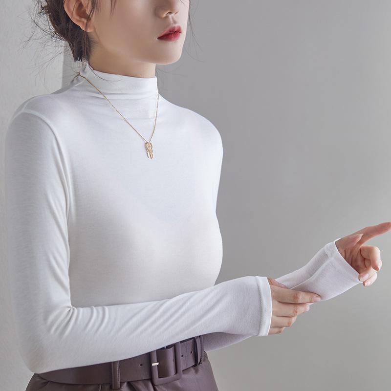 Women's Black Mid-Neck Modal Base Layer Top - 2024 Long Sleeve Slim Fit for All Seasons