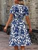 V-Neck Leaf Print Short Sleeve Belted Dress for Women
