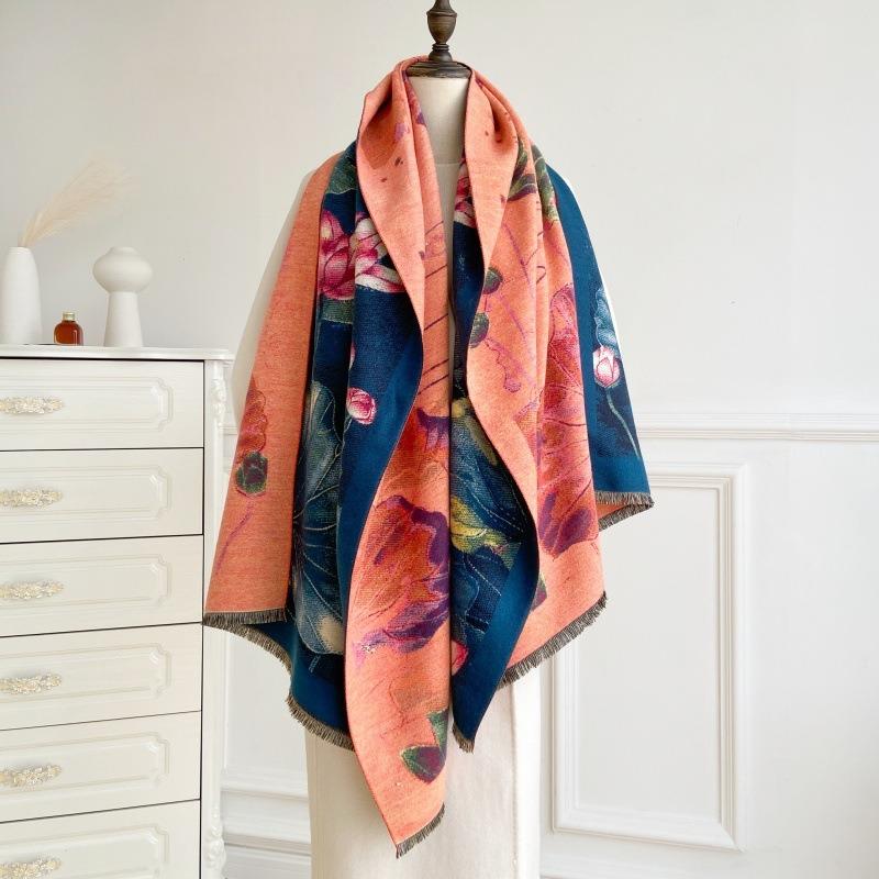 Ink painting, flower imitation cashmere printing scarf, new elegant women's warm scarf, fashionable retro shawl