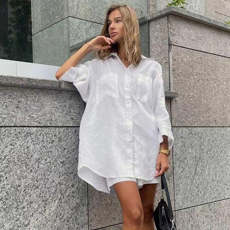 

Fashion Style Loose Shirt Loose Pants Casual Suit Loose Shirt Wide Leg Pants Suit White S