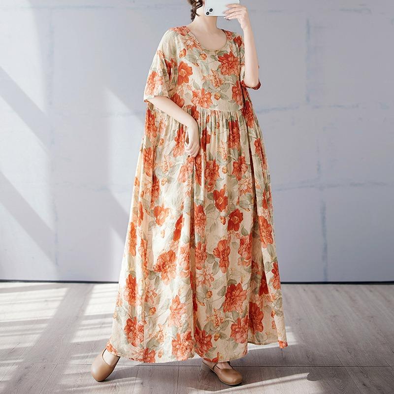 Simple bohemian long dress summer new fattened plus short sleeve crew neck printed dress women's clothing