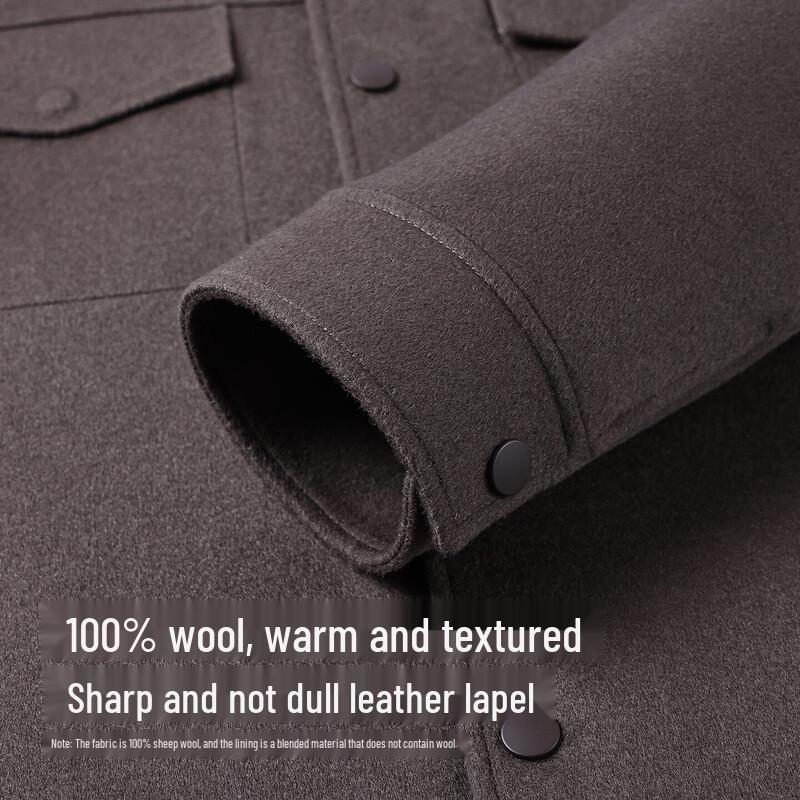 Hongdou Men's 100% Wool Workwear Jacket with Contrast Leather Collar