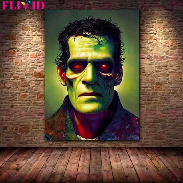 Halloween Dynia Sztuka Wydruk Szkielet Potwór i Duch Ścienny Sztuka Olejna Obraz Gotycki Ciemny Pogański Plakat