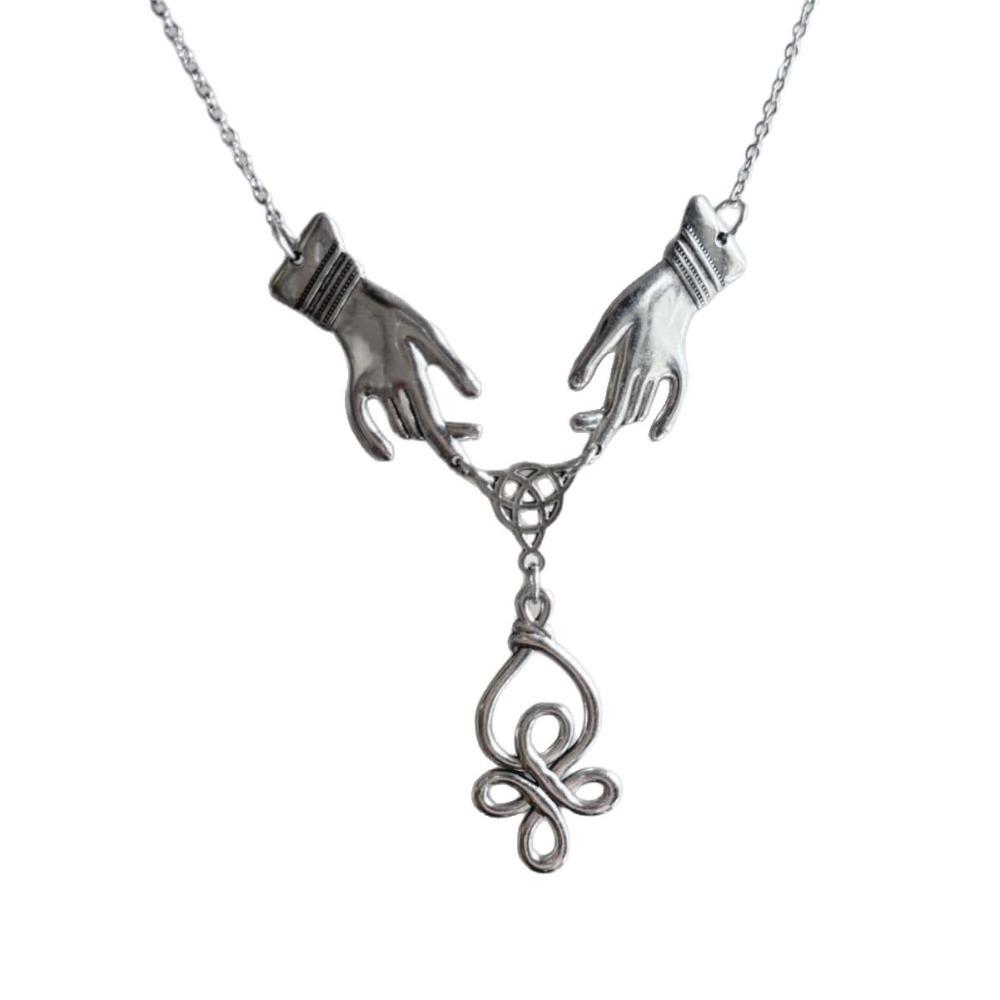 Original Design Sliver Color Both Hands Hollowed-out Celtic Knot Pendant Necklace for Women Halloween Party Gothic Witch Jewelry