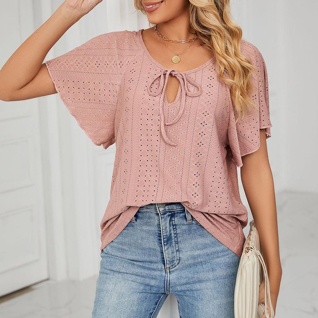 Women's Plain Casual Hollowed-out V-neck  Raglan Sleeve Short Sleeve Loose T-shirt Top