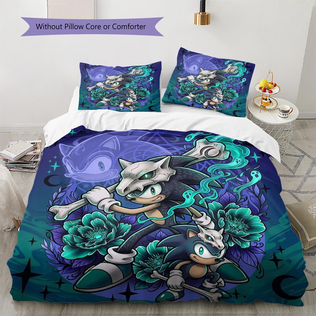 Hedgehog Sonic Pattern Bedding Quilt Set Quilt Cover Pillowcase Home Decoration Birthday Gift (1 * duvet cover + 2 * pillowcase, without core)