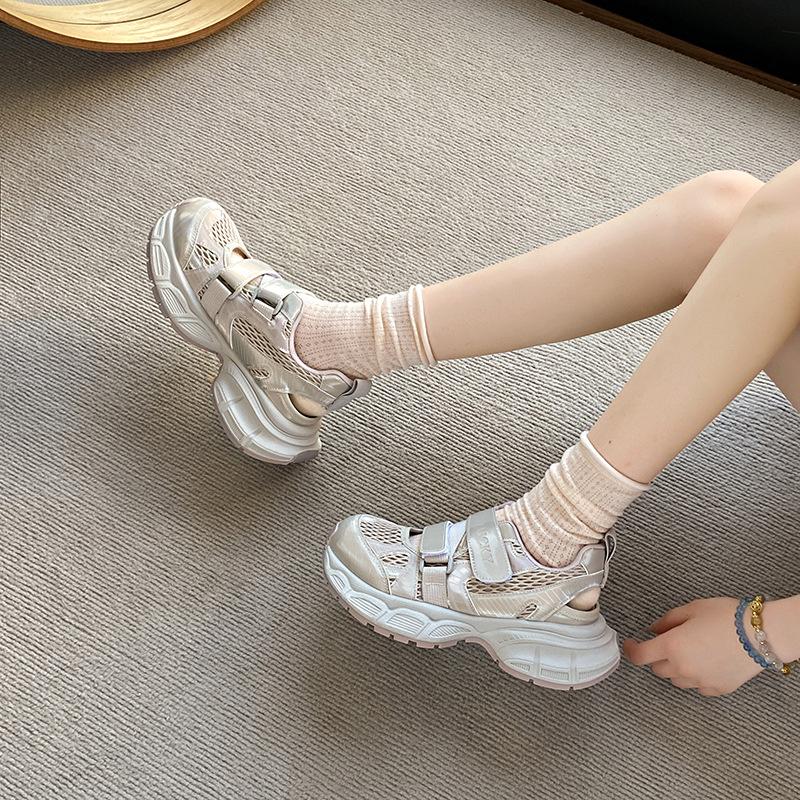 Thick-soled Hollow Mesh Breathable Dad Shoes Women's Summer New Inner Height-increasing Casual Sandals Velcro Versatile Sports Shoes