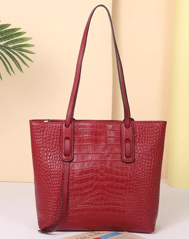 Genuine Leather Tote Bag Women's Korean Version Simple Crocodile Print Top Layer Cowhide Handbag Shoulder Bag
