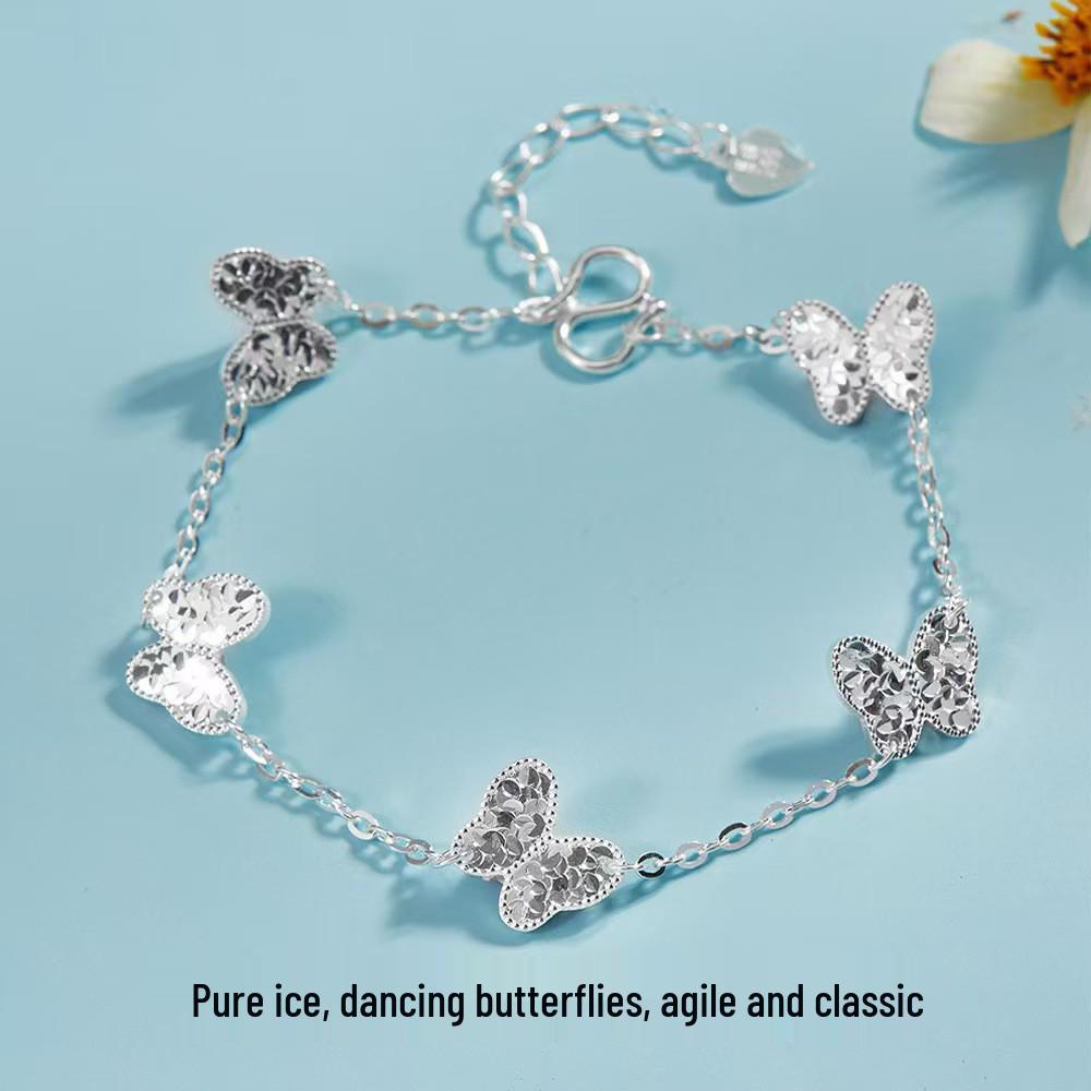 Sterling Silver 999 Crushed Ice Butterfly Bracelet for Women - Sparkly Fish Scales Design, New Style Pure Silver 999