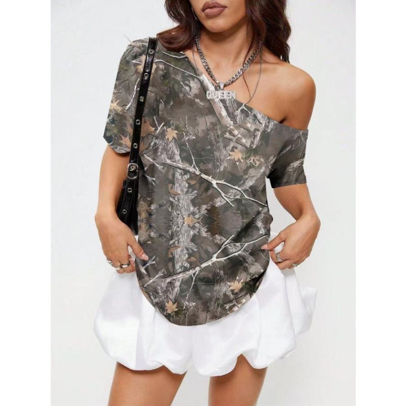 

Женские весенние камуфляжные футболки с косым вырезом и короткими рукавами с принтом, модные универсальные футболки XXL