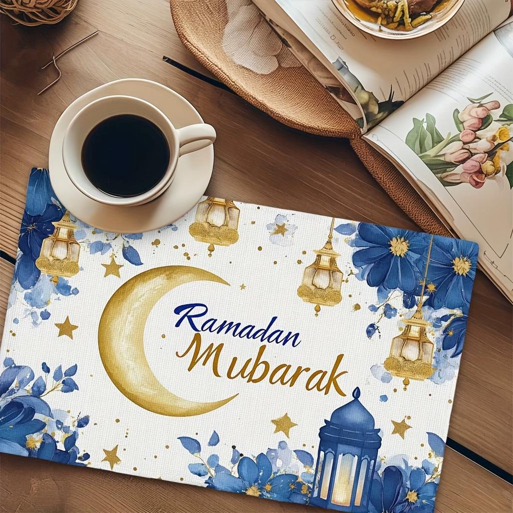 Ramadan Kareen Star Moon Lantern Linen Placemats Table Decor Reusable Eid Mubarak Kitchen Dining Table Mat Ramadan Decorations