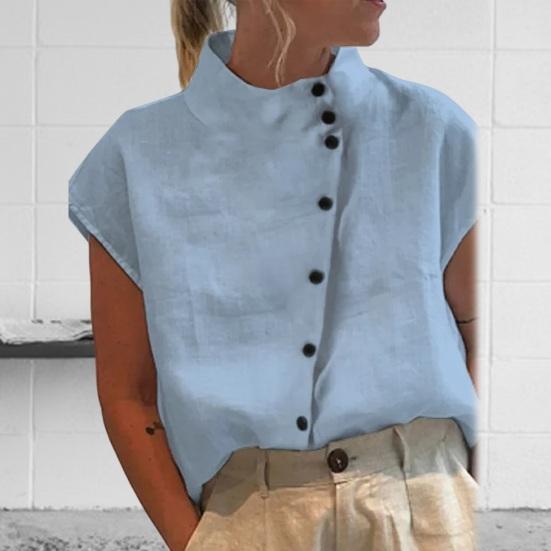 Col Montant Manches Courtes Raglan Chemise Femme Patte de Boutonnage Diagonale Manches Courtes Été Fine Couleur Unie Lâche T-shirt Top Streetwear