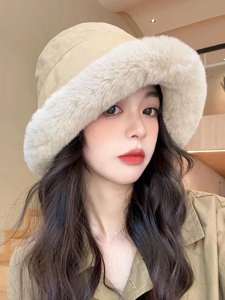 Cozy Winter Fuzzy Fisherman Hat Warm Earmuff Bucket Hat For Women Cotton Khaki