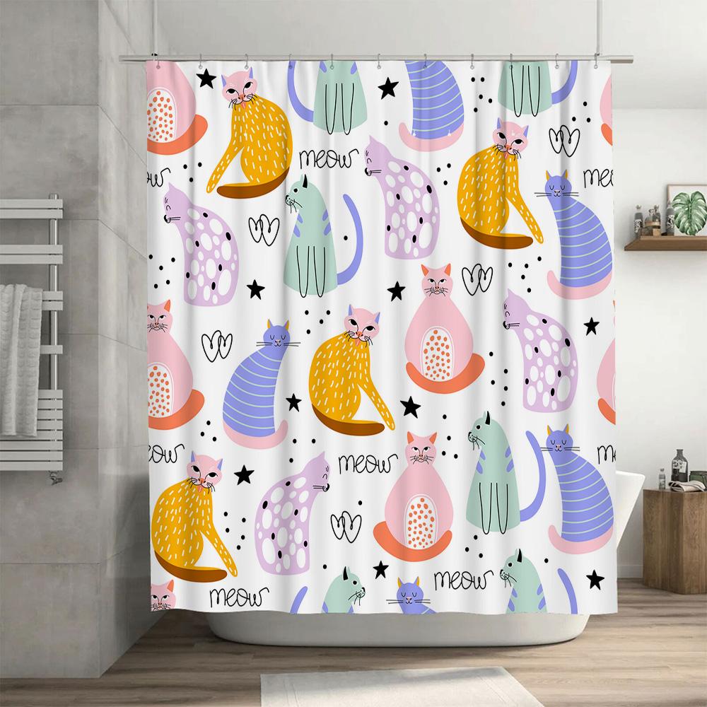 Colorful Cats Shower Curtain Fun Animal Print Bath Decor for Kids Room 180gsm Polyester Fabric with Hooks Included (White)