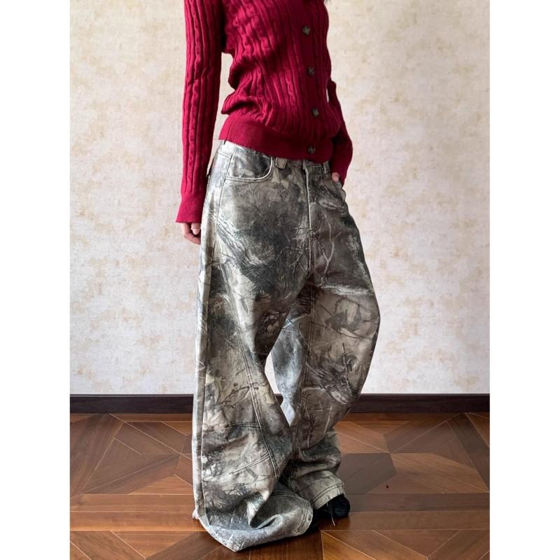 Vintage Washed Embroidered Letter Tree Camo Denim Wide Leg Cargo Pants Men Women Streetwear Loose Fit