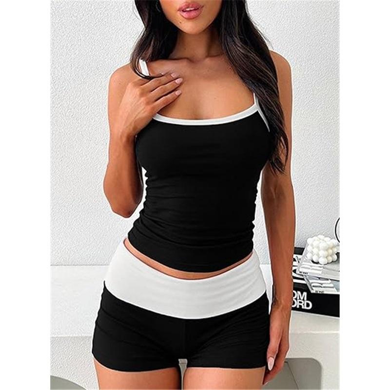 Women Casual 2 Piece Short Clothes Suits Slim Fit Streetwear Fashion Sleeveless Camisole Fold-Over Micro Shorts Set Outfits