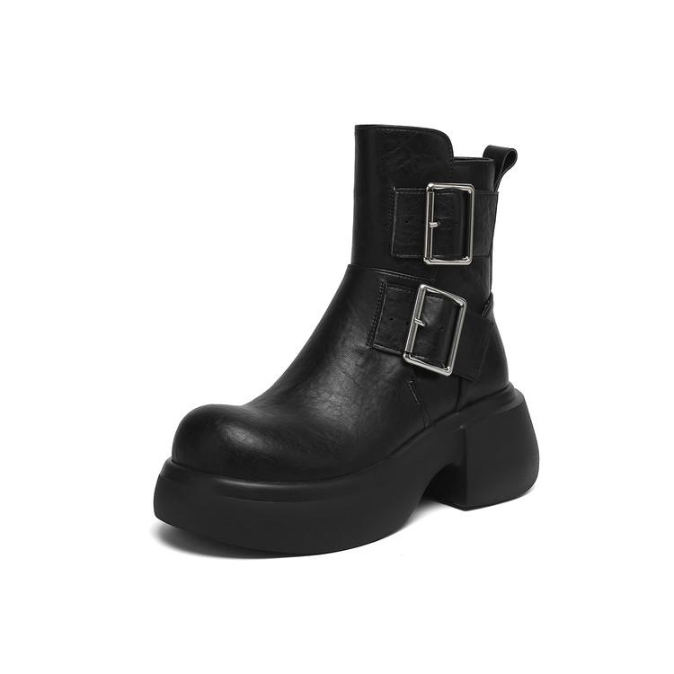 

Fashion NEW Autumn Women Boots Split Leather Shoes for Women Round Toe Thick Heel Shoes Belt Buckle Platform Shoes Casual Ankle Boots 34