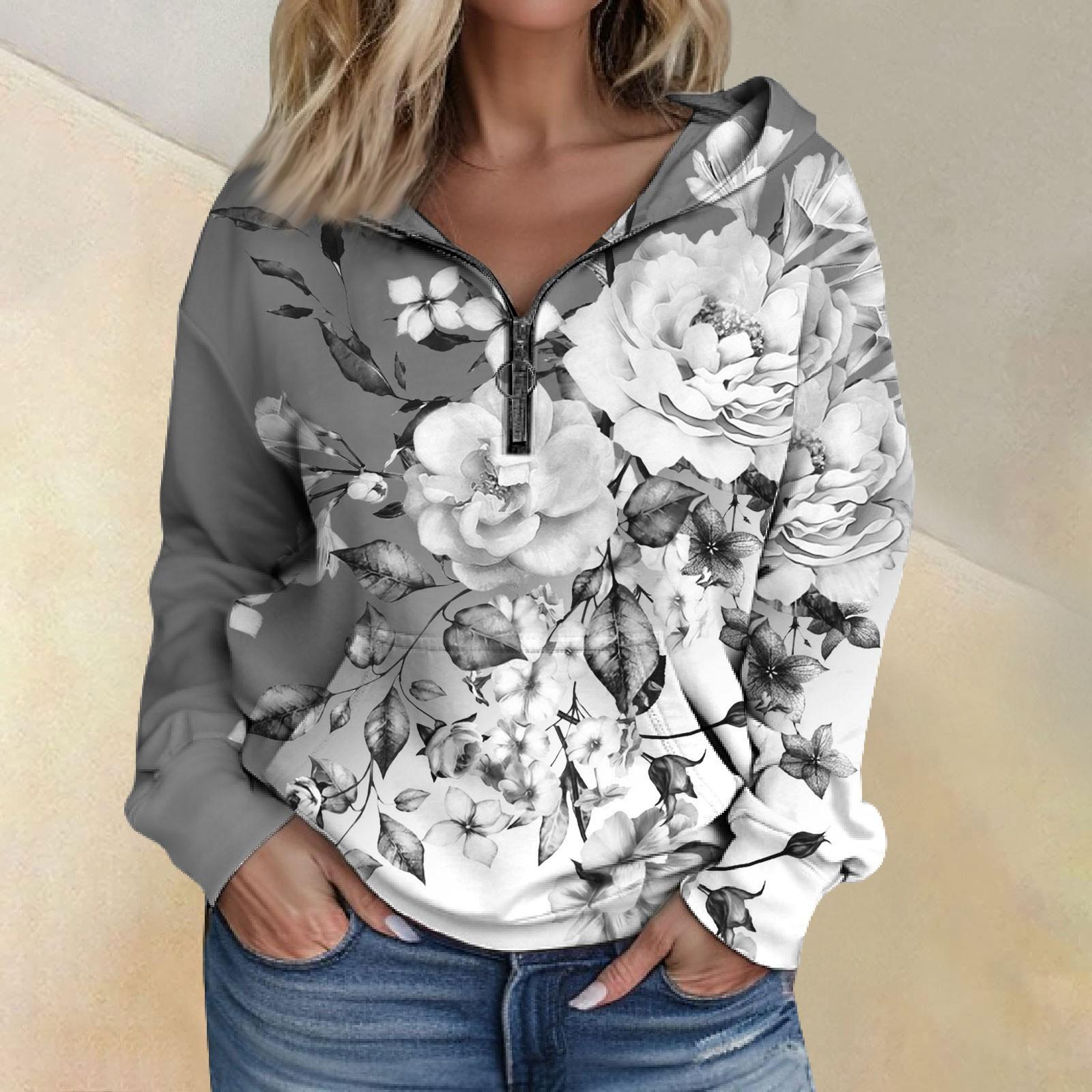 Женская мода с длинным рукавом и принтом свободная толстовка с капюшоном на молнии и карманами L 2259₽