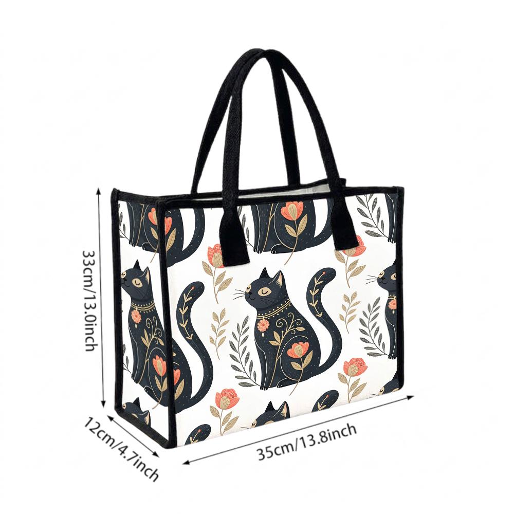 Folk Black Cat Pattern Tote Bag Daily Large Capacity Durable Casual Shopping Shoulder Handbag