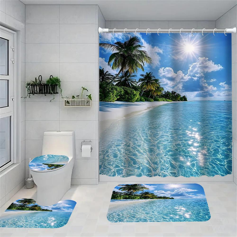 1/4 Seaside scenery shower Curtains, Toilet Seat Decoration, Shower Curtain with Carpet and Toilet Lid, 12 70.8x70.8 inch Hooks