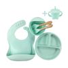 Dww-Set aus 6 grünen flachen Tellern, Silikon-Babykost-Ergänzungen, flache Teller, Schüssel, Gabel, Löffel, Lätzchen, Saugnapf, geteiltes Design