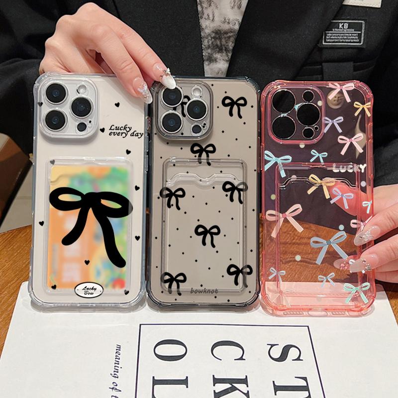 Colorful Bowknot Pattern Card Slot Phone Case for iPhone 16 Pro 15 14 13 12 Pro Max 11 Shockproof Transparent Soft Tpu Lens Protection Slim Cover
