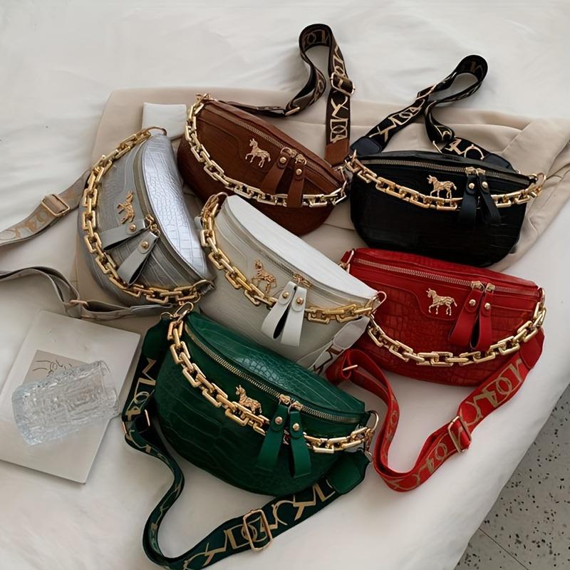 Trendy PU Chest Bag Stylish Single Shoulder Saddle Bag with Crocodile Pattern Chain Wide Belt Crossbody Bags for Women Daily Use
