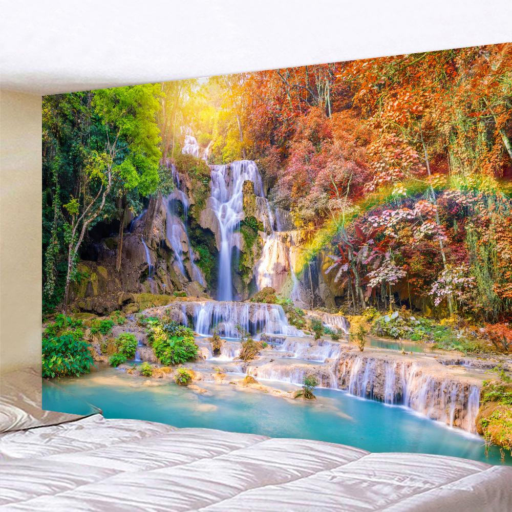 Forest Waterfall Print Pattern Tapestry Wall Hanging Kawaii Dormitory Home Bedroom Room Decorative Tapestry