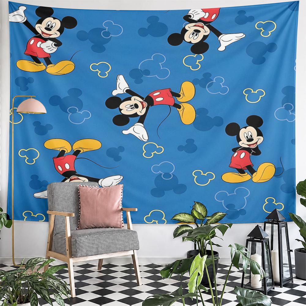 Wide Wall Tapestry Mickey Mouse Poses Seamless Pattern on Blue With Head Icons, Classic 2D, Horizontal Decor for Adult Bedroom Fan Gift