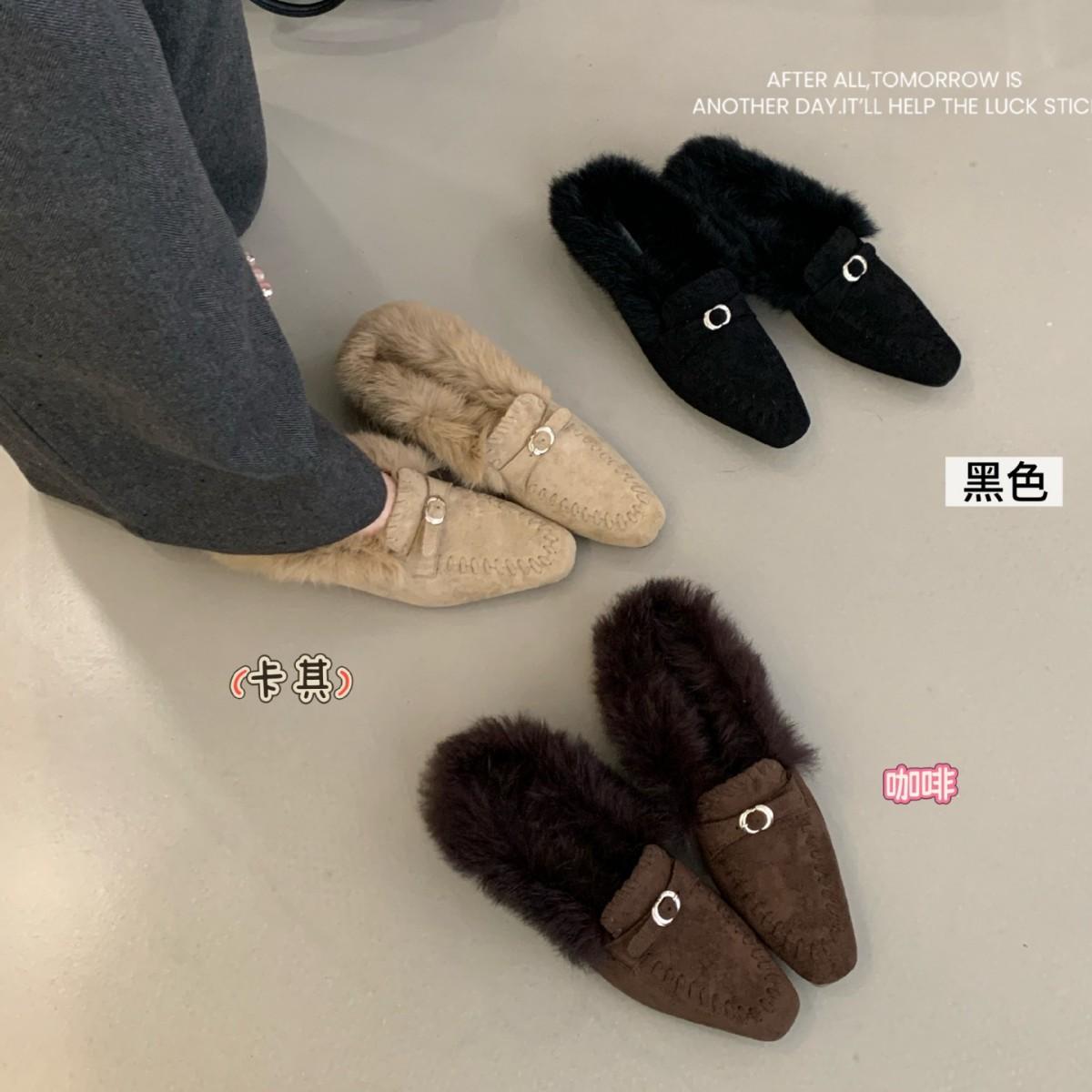 

2025 осень и зима новая квадратная голова кроличий мех низкий каблук плетеная нить плоская подошва Doudou полусабо женская обувь 39
