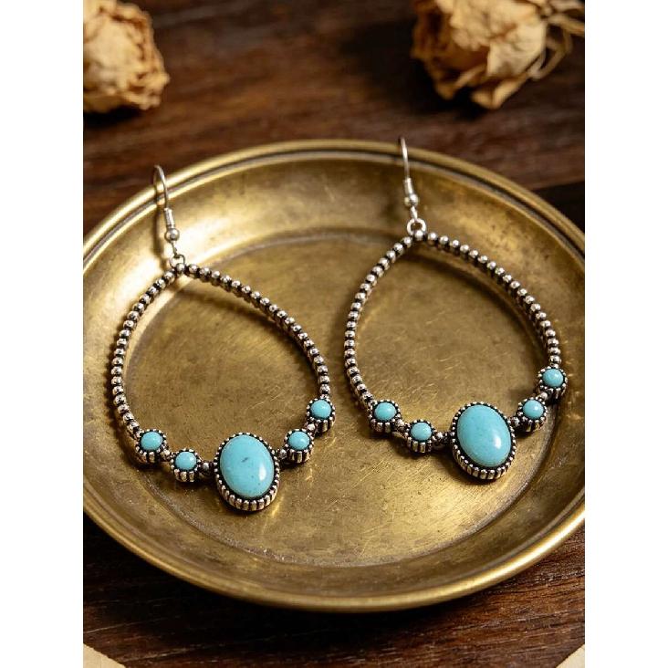 1 Pair Western Cowboy Style Teardrop Shaped Faux Turquoise Hoop Earrings, Vintage Exaggerated Bohemian Vacation Earrings