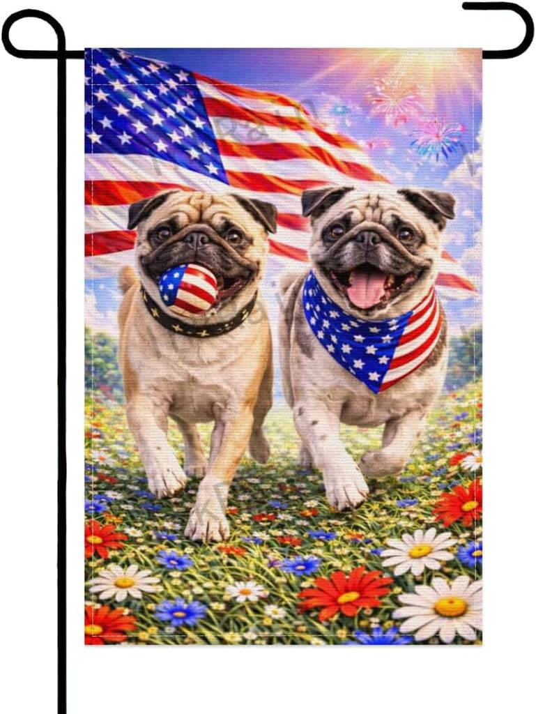 InkRain Patriotic Two Pug-Dog Garden ag 12x18 Inch, American ag oral Scene, 4th of July Outdoor Yard Decoration kkz