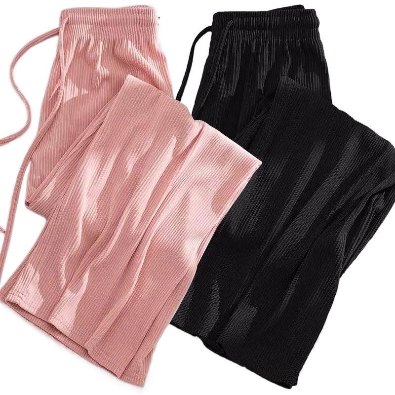 Women's Summer Ice Silk Wide-Leg Pants: One or Two-Piece Set, Korean Style, High Waist, Slimming, Floor-Length.
