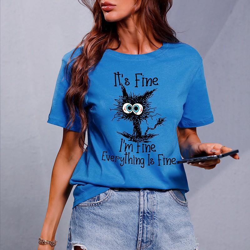 Women's top cat D print short-sleeved shirt apricot comfortable and casual